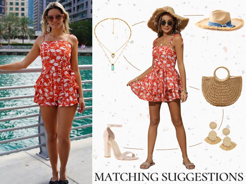 Women's All Over Print Tie Shoulder Rompers, Boho Sleeveless Spaghetti Strap Tie Wide Leg Short Romper, Holiday Vacation Beach Summer Clothes, Ladies Clothes for Daily Wear, Womenswear