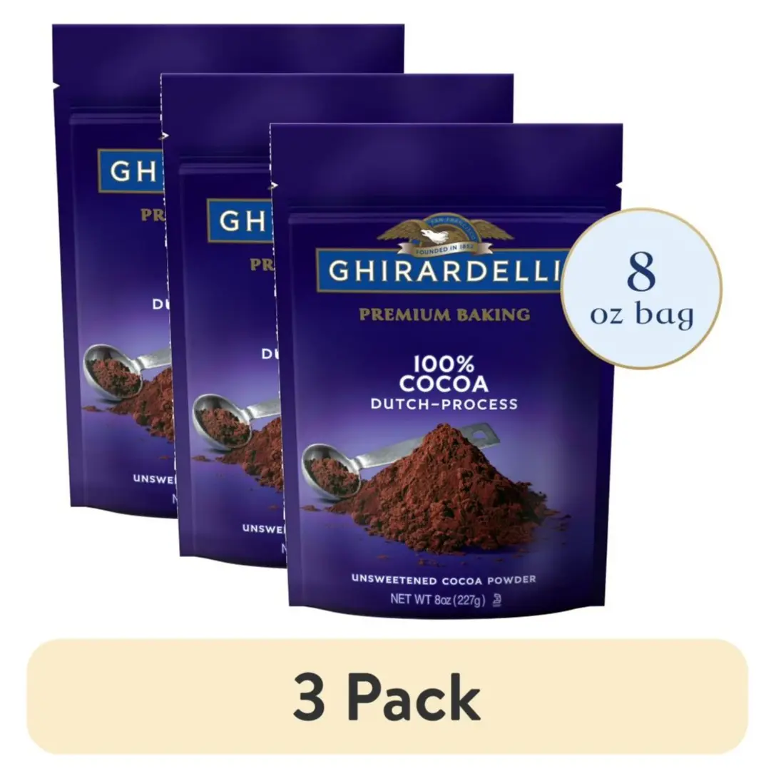 (3 pack) GHIRARDELLI Premium Baking Cocoa 100% Cocoa Dutch Process Unsweetened Cocoa Powder, 8 oz Bag Organic Allergen-Free Black Cocoa Powder