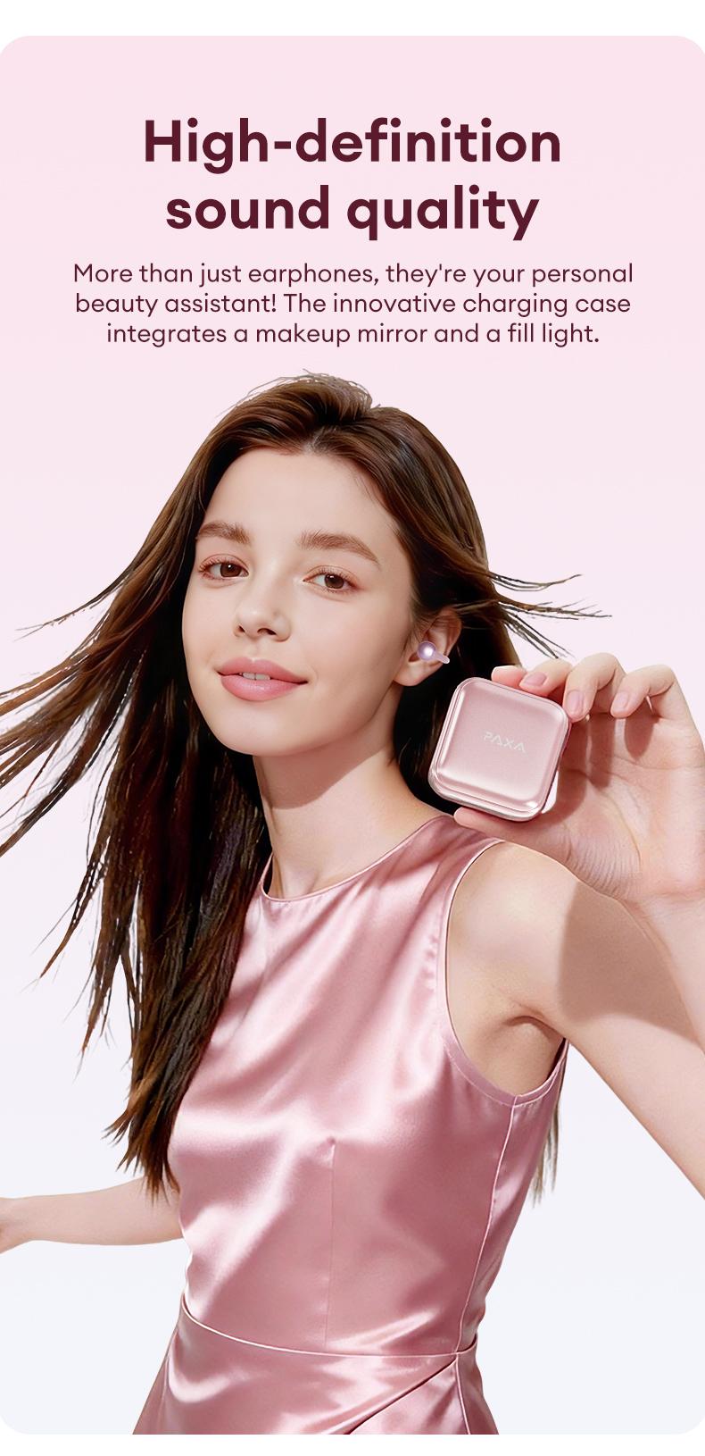 PAXA M161 Stylish Clip-On Wireless Headphones with Bluetooth 6.0, Built-In Makeup Mirror & Fill Light, Hi-Definition Sound, Low-Power Stable Connection, Audio Earbuds for Music & Phone Calls, Perfect Gift for Girls PAXA M161 Stylish Clip-On Wireless Headphones with Bluetooth 6.0, Built-In Makeup Mirror & Fill Light, Hi-Definition Sound, Low-Power Stable Connection, Audio Earbuds for Music & Phone Calls, Perfect Gift for Girls