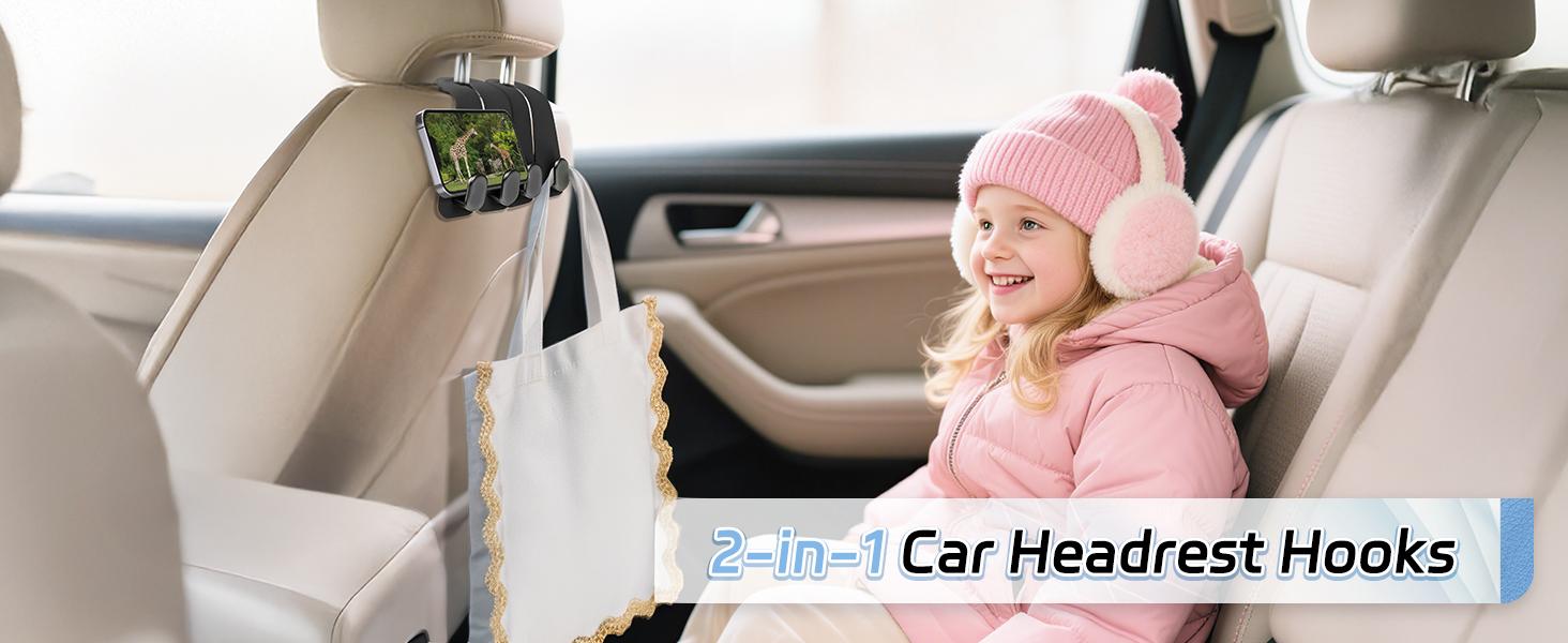 2 Pcs Car Hooks for Headrest, Adjustable Vehicle Seat Back Car Organizers and Storage Accessories, Universal Fit Double Metal Leather Purse Holder for Car (Grey)