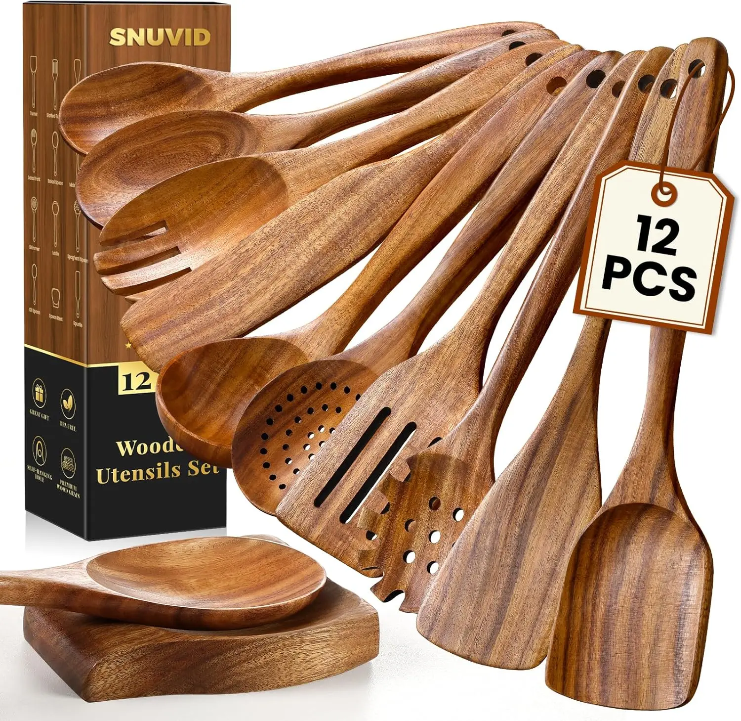 Wooden Spoons for Cooking, 12 Pcs Teak Wood Kitchen Utensils Set with Spoon Rest - Nonstick Heat Resistant Wooden Cooking Utensils, Natural Healthy Spatula Set for Pots and Pans supplies grater