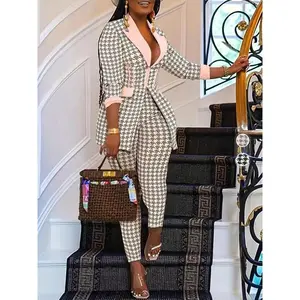 Two-Piece Set Women's Houndstooth Print Blazer & Skinny Pants, Elegant Fashion Casual Comfy for Daily Outdoor Wear, Ladies Clothes for All Seasons, Fall outfit Womenswear Suits
