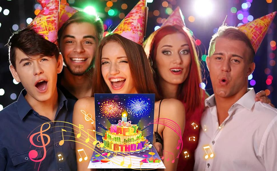INPHER Birthday Cards Fireworks Pop Up Cake Blowable Light and Music Happy Birthday Card Gifts for Women Men Mom Kids