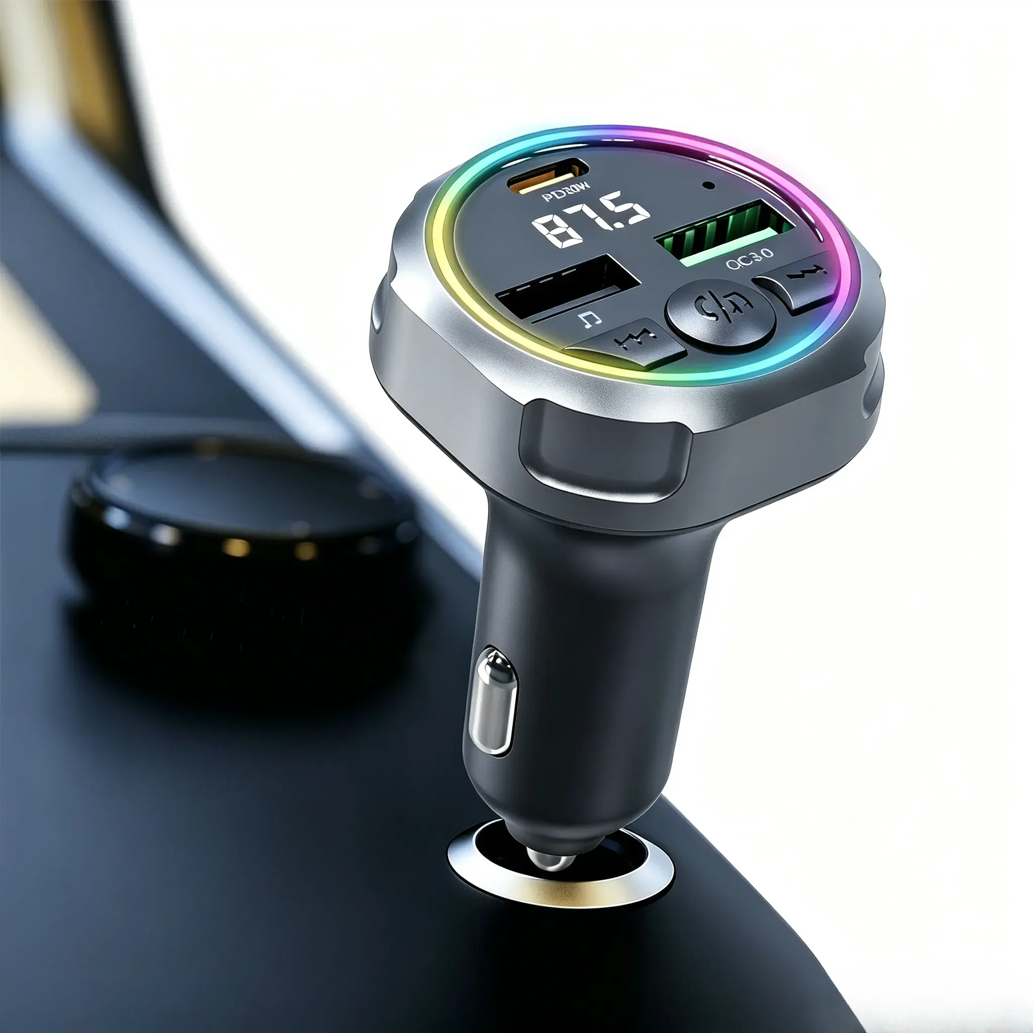 Bluetooth 5.3 Plug-In Car FM Transmitter, ABS Plastic Bluetooth Car Adapter with RGB Lights, Dual-Port Fast Charger, Hands-Free Call Voice Prompt MP3 Player for Cigarette Lighter Auto Accessories