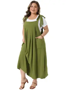 Agnes Orinda Plus Size Pinafore Dress for Women Pleated Jumper Dress with Pockets Tie Shoulder Strap Casual Overall Dress