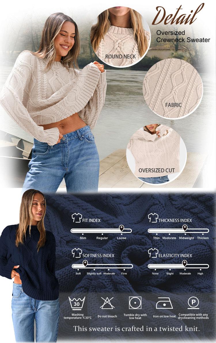 AUTOMET Women's Oversized Cable Knit Crewneck Sweaters Chic Womenswear Knitwear Soft Style Tops SpringFresh SpringStatements