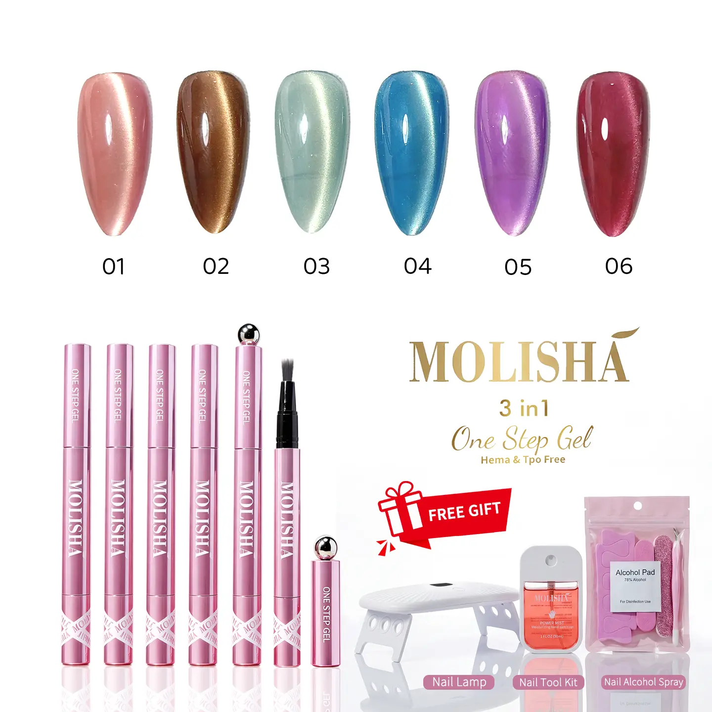 MOLISHA Portable Leak-Proof Gel Nail Polish Pen Kit | 6 Vibrant Colors Cat Eye Effect | Complete One Step DIY Manicure Set with UV Light & Sanitizer Spray
