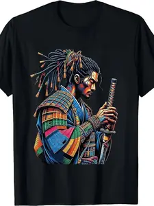 Men's African American Samurai Bushido T-Shirt - 100% Cotton Loose Fit -Kenya Fusion Martial Arts Tee with African Heritage Samurai Warrior Print, All-Season Casual Wear & Cultural Pride Apparel
