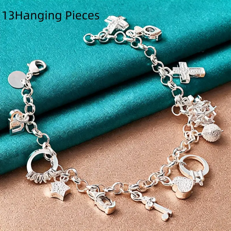 925 Silver-plated Thirteen Hanging Pieces  Bracelets for Women Silver Charm Bracelet Jewelry Valentine's giftsummerwins