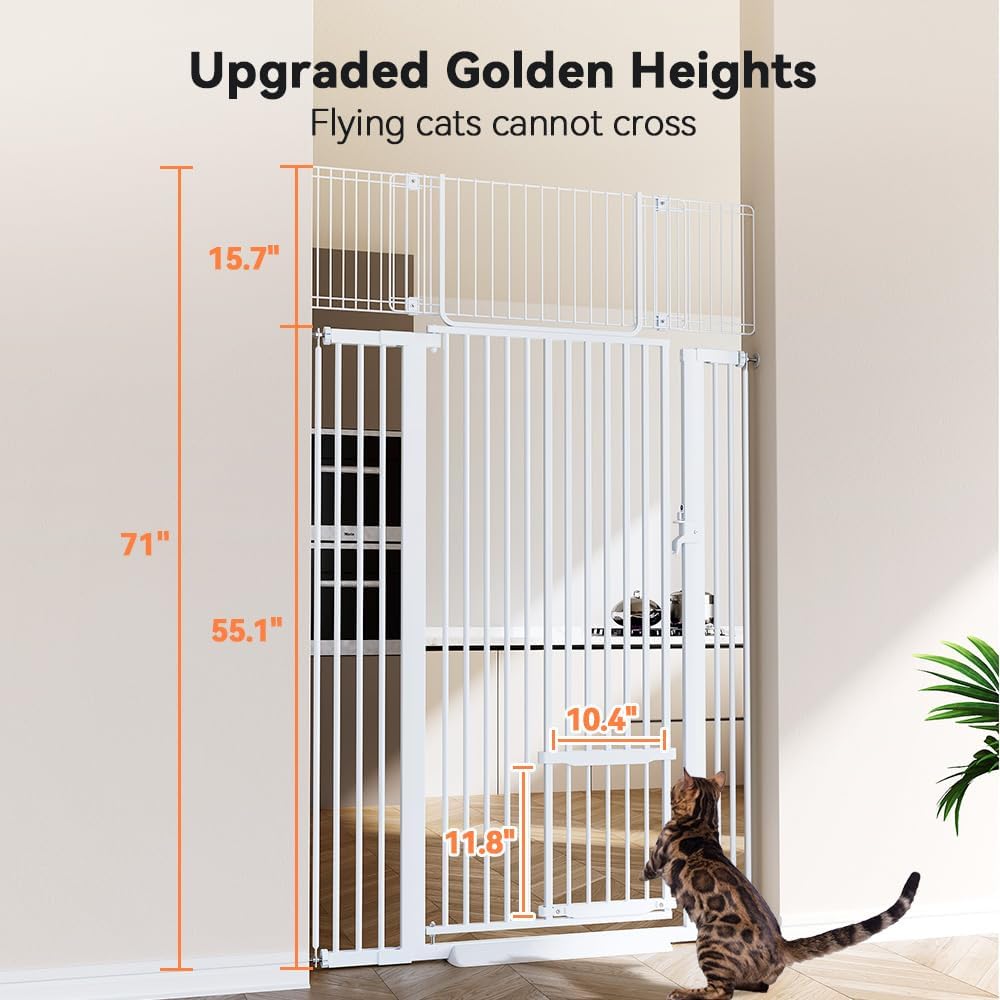 71" Extra Tall Pet Gate for Cats, 29.5-40.6" Extra Wide Cat Gate with Adjustable Cat Door, Pressure Mounted Easy Walk Through Pet Gate with Door for Stairs, Doorways, Kitchen