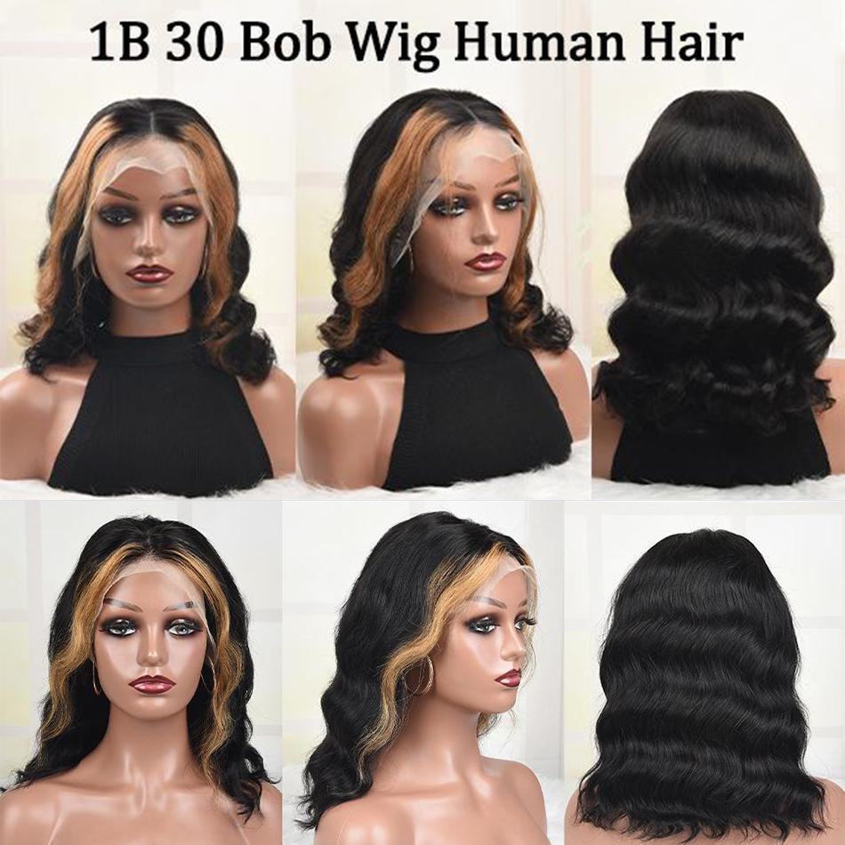 1B/30 Highlight Short Bob Lace Front Wig Body Wave Blonde Highlight 180 Density Human Hair Pre Plucked with Baby Hair Body Wave Bob Wig Human Hair 13x4  Highlight Lace Frontal Bob Wig For Women SpringStatements