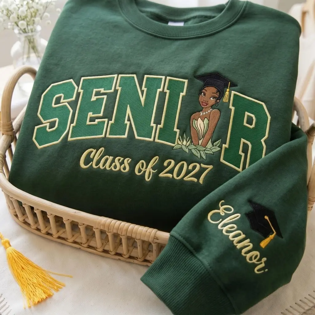 Frog Princess Senior Embroidered Sweatshirt, Personalized Princess Grad Nite Crewneck, Custom Name Senior Gift, Class of 2027, Senior Gift