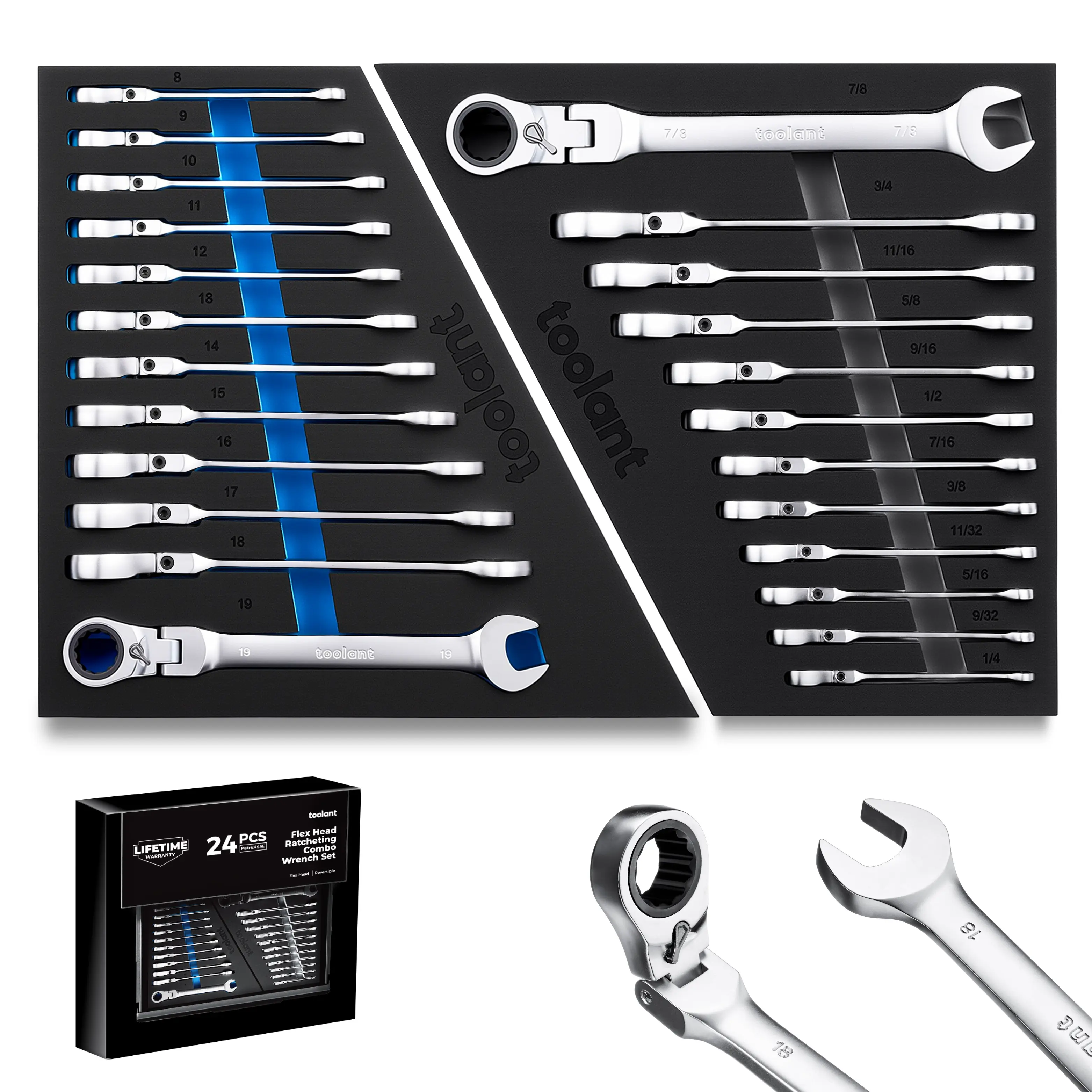 toolant 24-Piece Multifunctional Ratchet Wrench Set for Mechanics, Flex-Head Combination Wrenches with Switch Design, 8-19mm & 1/4"-7/8" Sizes, 90-Tooth 4° Swing, Heat-Treated Steel Stands Up to Wear, Auto Repair & DIY Maintenance Tools with Storage Tray