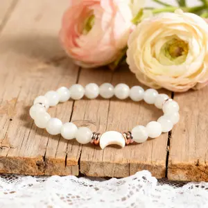 A+ Garde White Moonstone Beaded Bracelet Mother of Pearl Moon Phase Charm Crystal Beaded Healing Bracelet, Gift for Her
