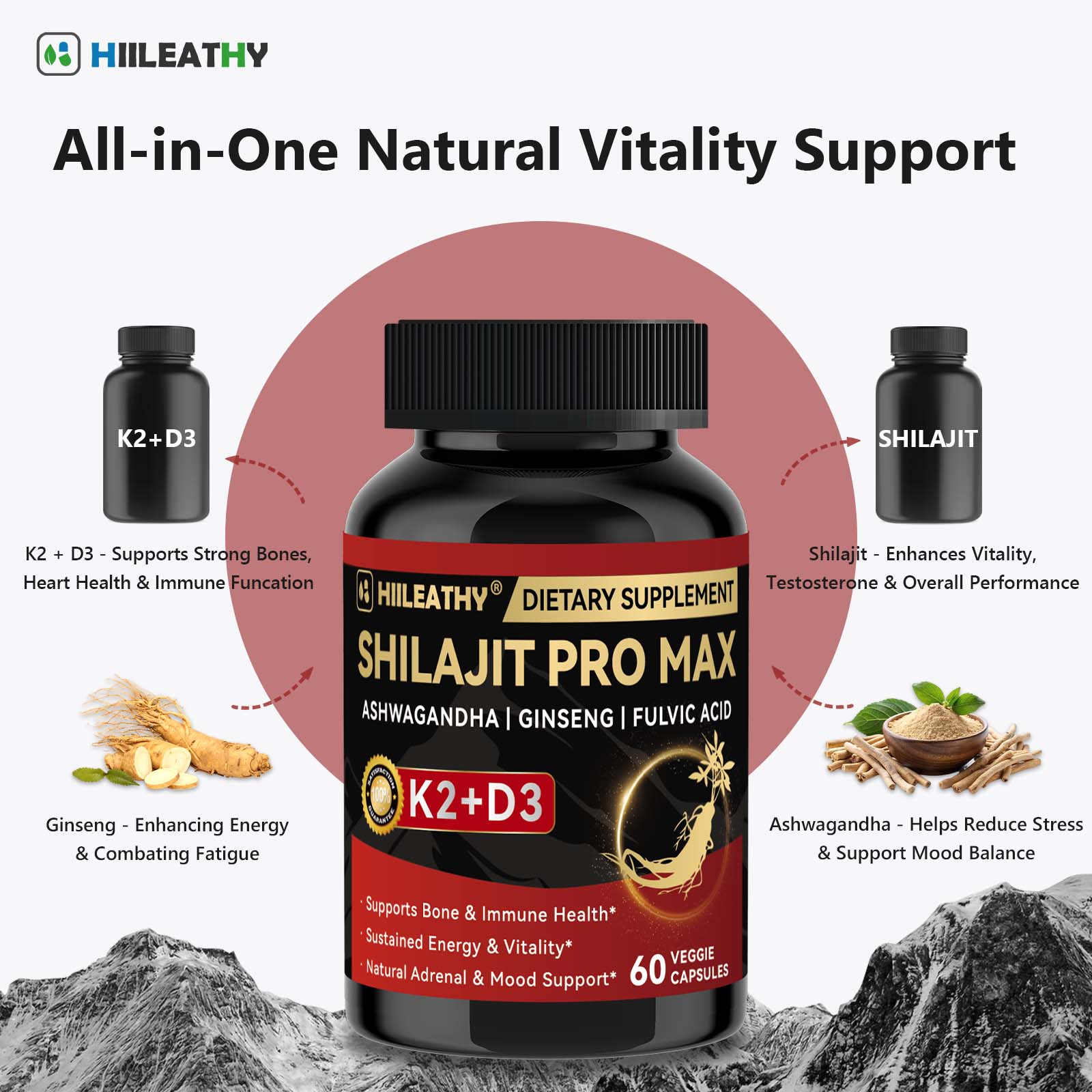 HIILEATHY | Optimal*Shilajit PRO MAX with K2 & D3 - 60 Capsules - Premium Fulvic Acid & 84+ Minerals for Immune Support, Energy & Anti-Aging - USA Made