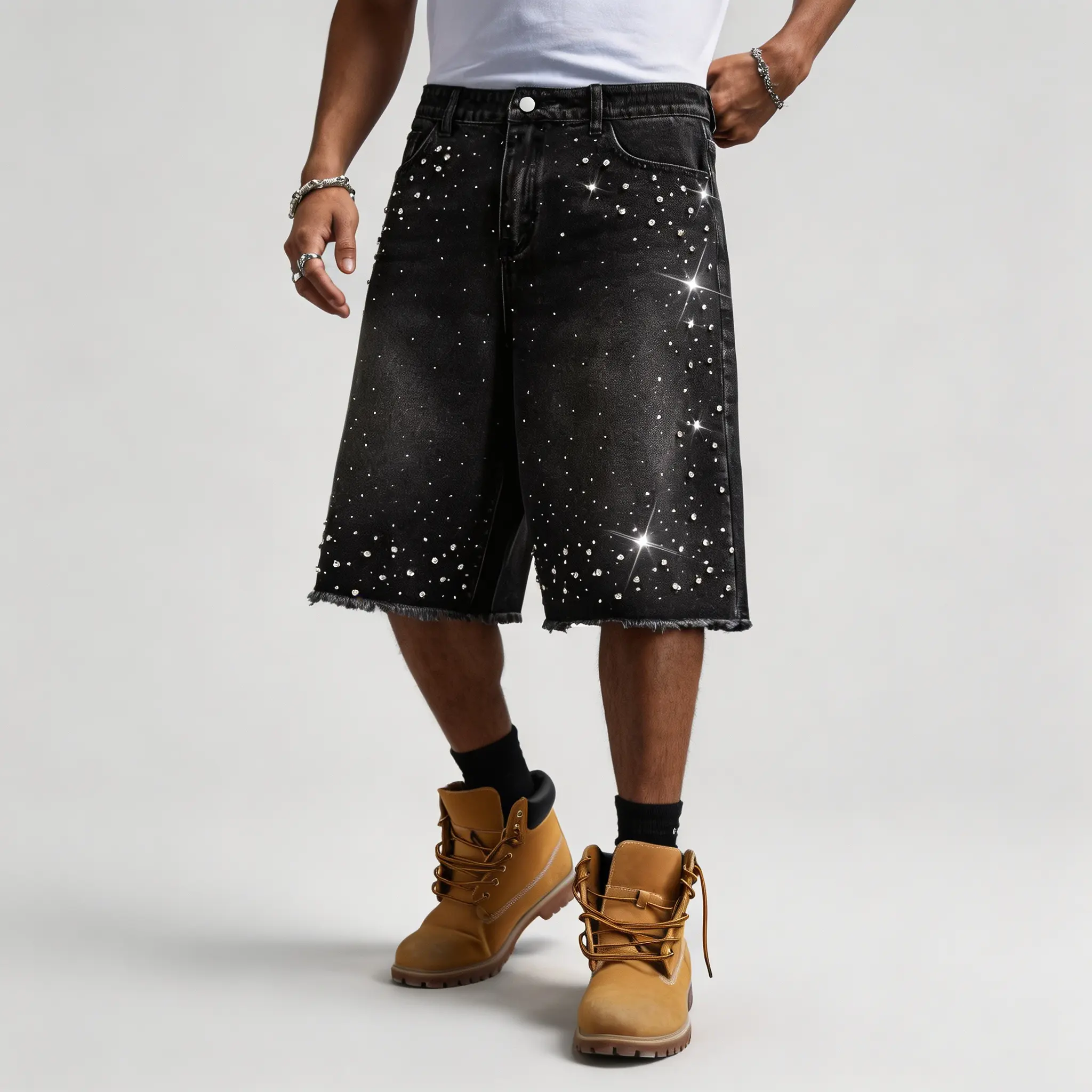 Black vintage washed gradient rhinestone denim jorts with frayed raw hem, wide leg baggy fit, allover sparkle, hot drill print; men’s casual street summer retro jean bottoms