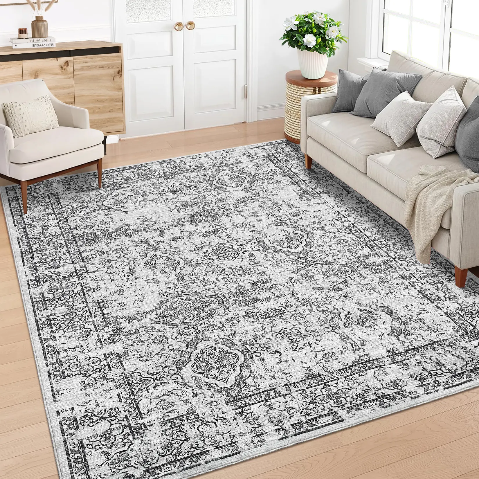 Vintage Retro Printed Low-Pile Rug, Soft Stain-Resistant Anti-Shedding Carpet with Non-Slip Backing, Foldable Indoor Mat for Bedroom, Living Room