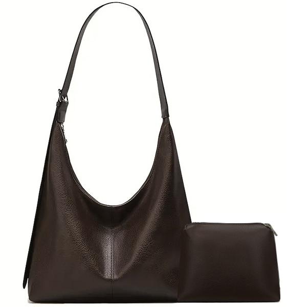 Women's Minimalist Solid Vegan Leather Shoulder Purse - Foldable Work Bag with Cosmetic Bag, Metal Hardware, Crossbody or Carry Option, Accessories for Women, All-Match Handbag for Daily Commuting