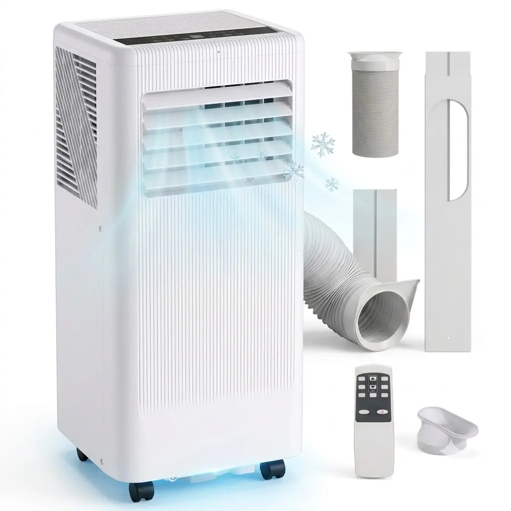 Powerful 10000 BTU 5-in-1 Portable Air Conditioner – Fast Cooling, Dehumidifier, Energy Saver, Smart Clothes Dryer & Fan – Remote Control, Quiet, LED Display, Window Kit – Cools Rooms Up to 560 Sq.Ft. – Ideal for Home, Office, Dorm, Portable Fan, Caster W