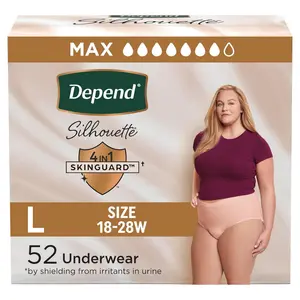 Depend Silhouette Adult Diapers, Incontinence & Postpartum Bladder Leak Underwear for Women, Maximum Absorbency, Large, Pink, 52 Count (2 Packs of 26), Packaging May Vary