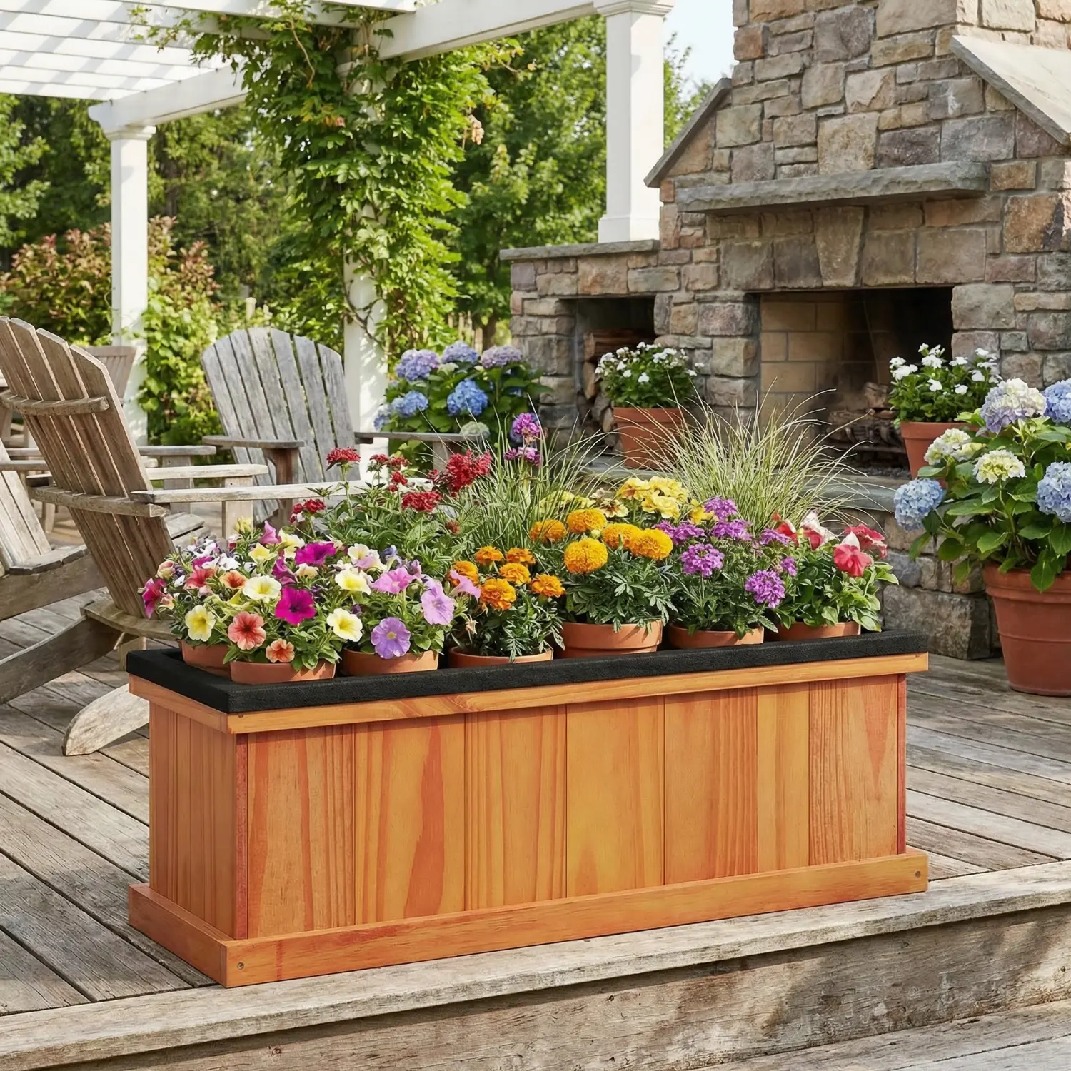 Spaco Single Unit Rectangular Solid Fir Wooden Box Raised Garden Bed - Outdoor Planters with Drainage Holes, Liner, Aeration, Soil Retention for Container Gardening Flowers, Vegetables, Clean Planting