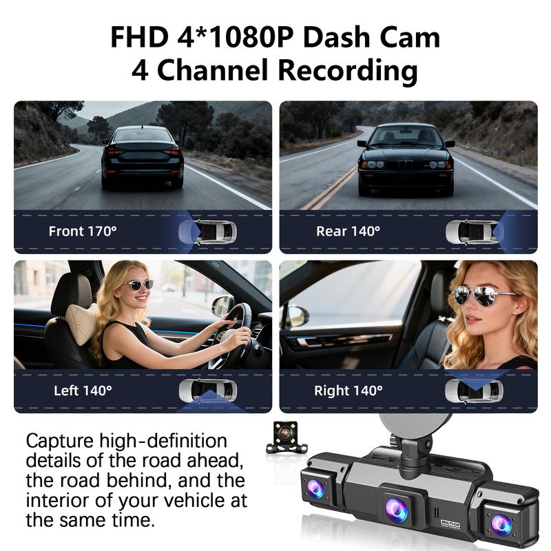 4-Channel Car Dash Cam, 1080P Car DVR with 64GB Memory Card, Night Vision Vehicle Surveillance, 24/7 Parking Mode, HD Screen, Front/Rear/Left/Right Dashcam