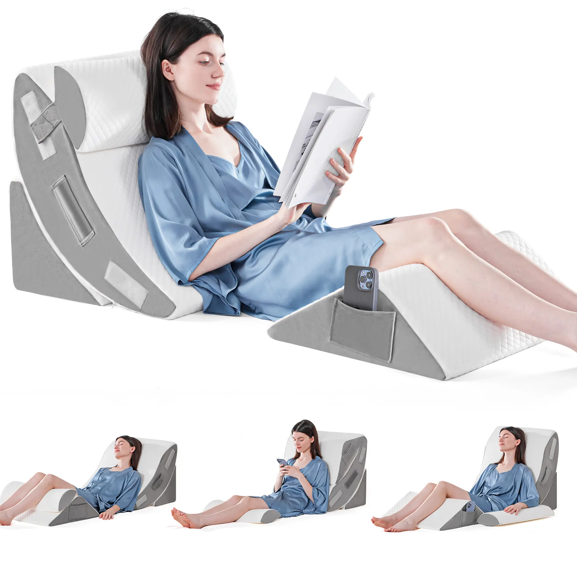 4PCS Contoured Orthopedic Memory Foam Bed Wedge Pillow Set - Adjustable Triangle Wedge Shape Supports Legs, Machine Washable for Adult Post-Surgery Recovery, Back Pain Relief, Acid Reflux Aid