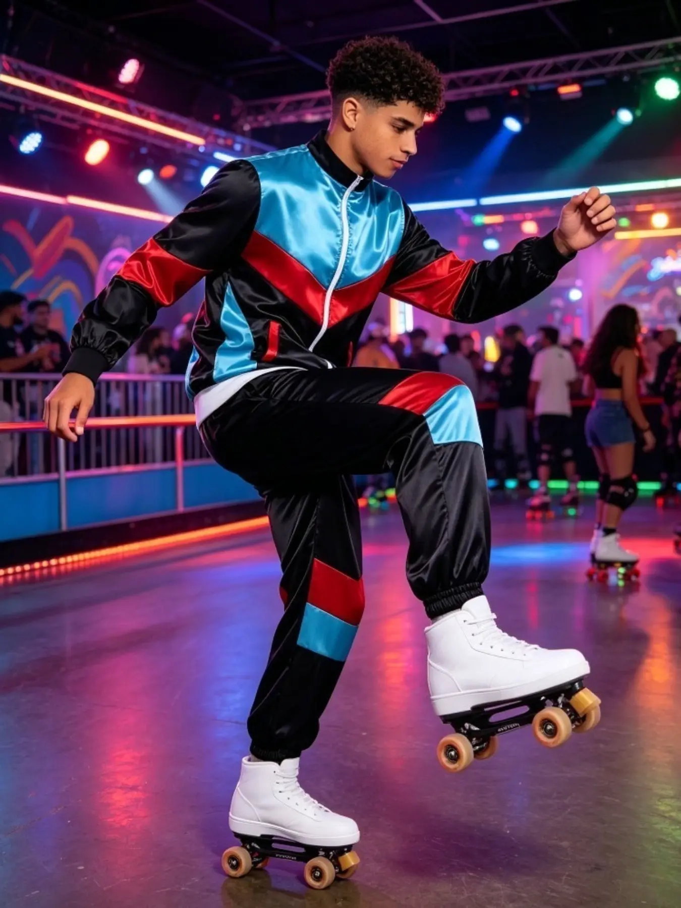 80s Roller Skate Matching Tracksuit for Women Men | Retro Jogger Suit with Neon Zip Up Jacket + Side Stripe Pants | Fluorescent Disco Costume for Skate Party