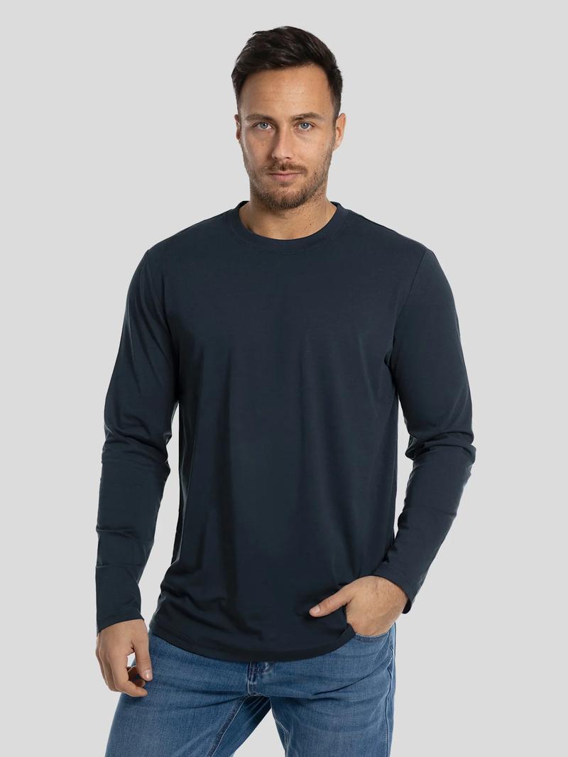 Fioboc Men's StaySmooth Long Sleeve Curve Hem Tee - Classic Fit Streetwear Casual Crewneck Basic Top