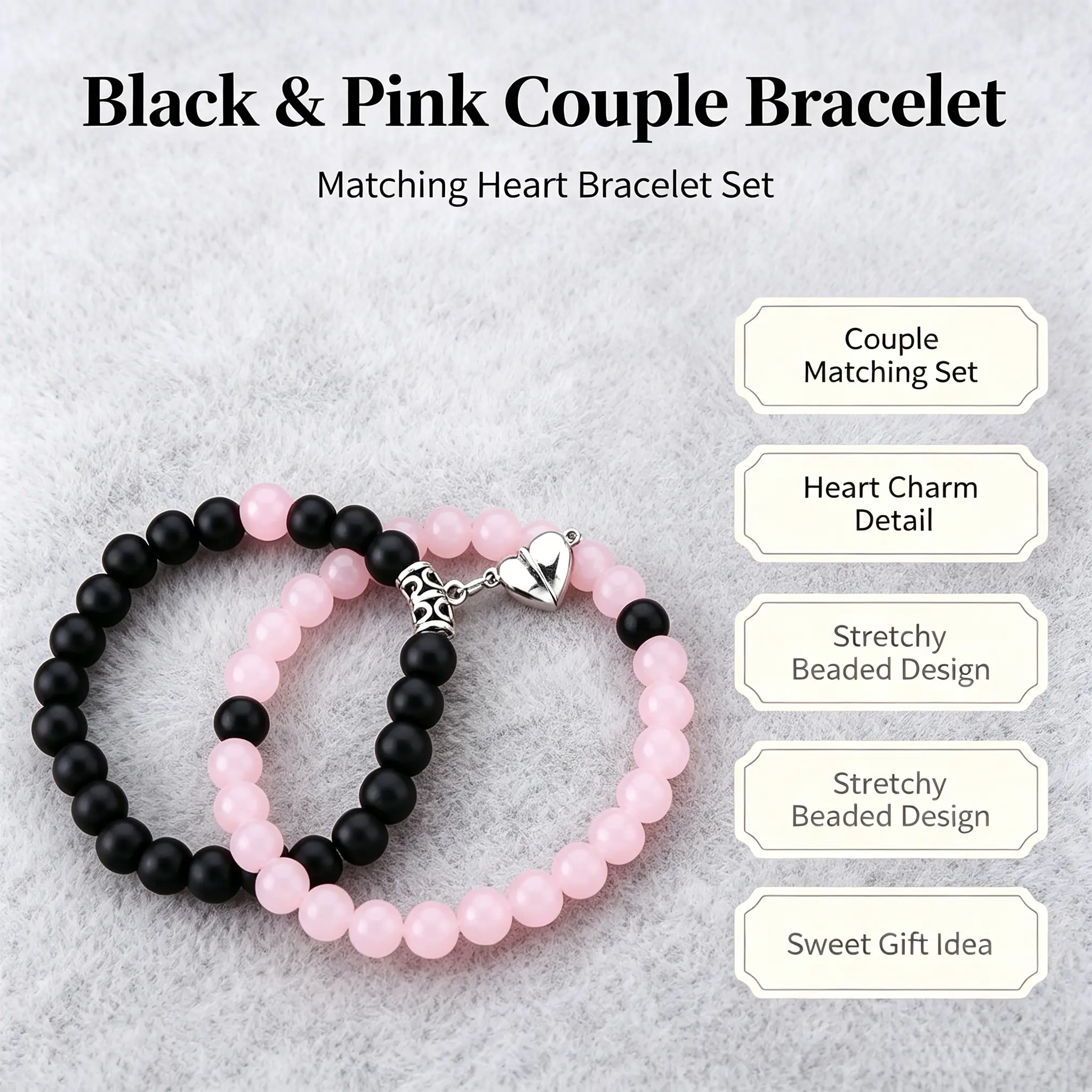 Pink and Black Beaded Bracelet, Cute Matching Friendship Bracelets for Couples and Best Friends, Trendy Romantic Casual Wrist Jewelry, Matching Friendship Bracelets & Bangles, Romantic Couple Bracelets & Bangles