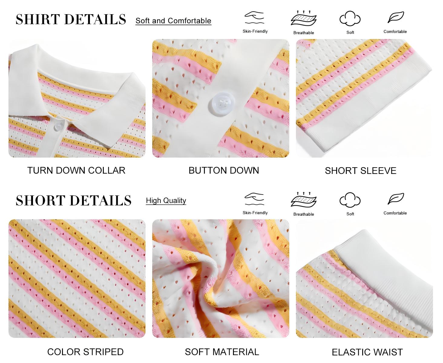 Tankaneo Womens Striped Pajama Sets Short Sleeve Color Block Crochet Knit Button Top and Shorts 2 Piece Summer Sets