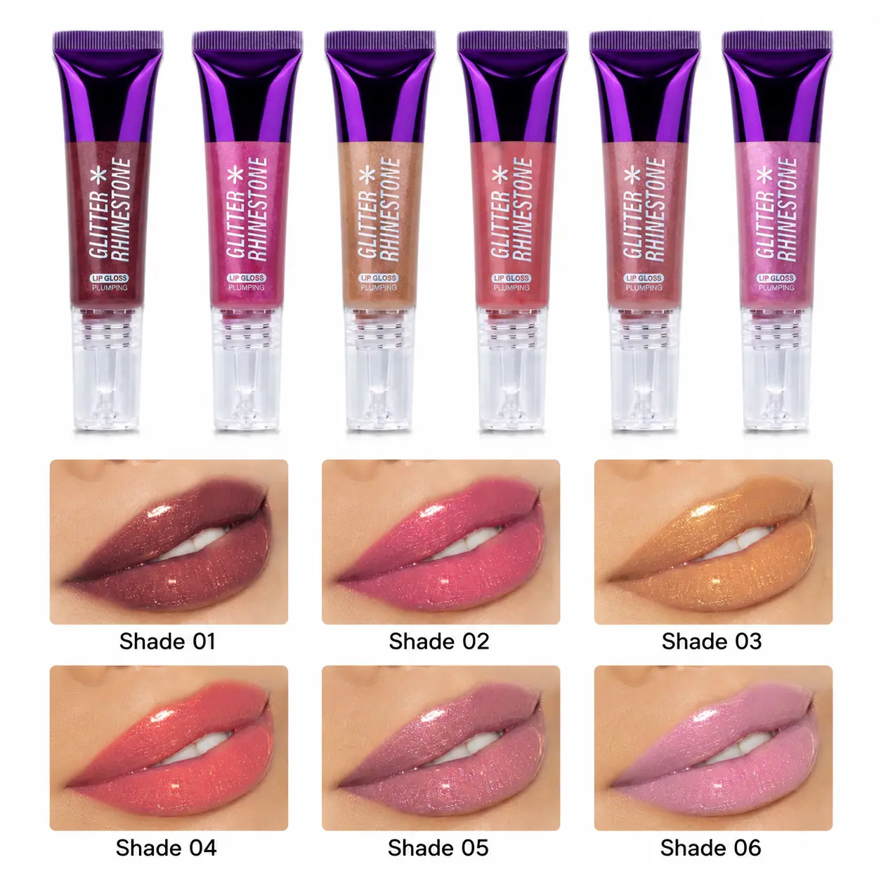 [6PCS] Set Glitter Rhinestone Hydrating Lip Gloss with Hyaluronic Acid, Moisturizing 3D Lip Makeup, Long-Lasting High Color Rendering, Crystal Clear Shine tube pearlescent lip gloss