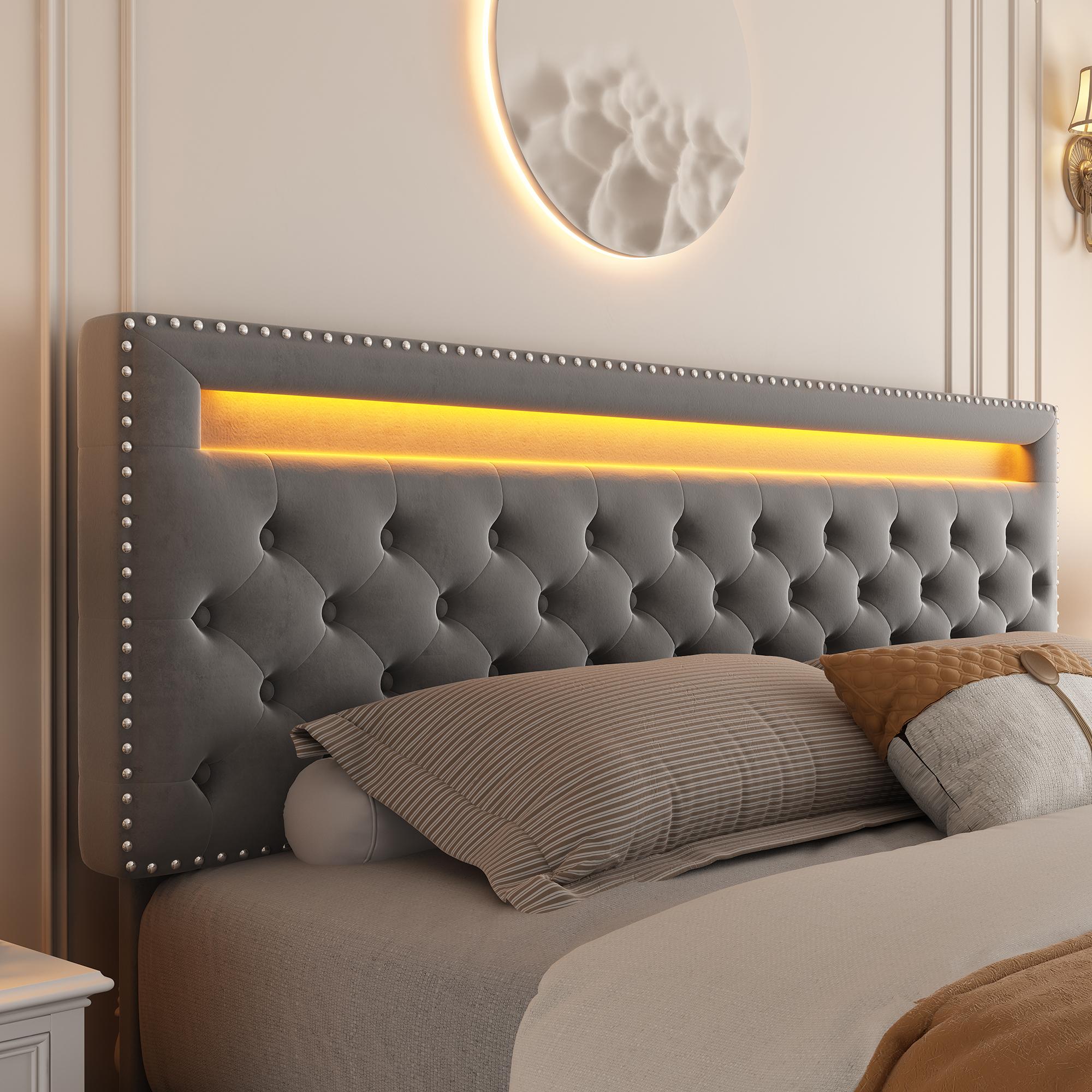 GEGOFORU LED Bed Frame King Size with Storage Drawers, Upholstered Modern Platform Bed, RGB Lights, No Box Spring Needed, Perfect Gift