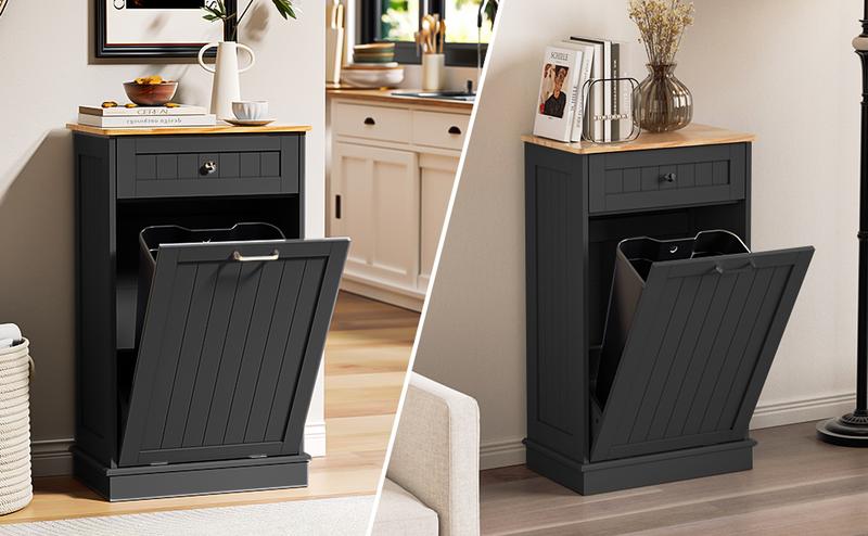 【Does Not Include Trash Can】 Spurgehom 13 Gallon Tilt-Out Hidden Trash Can Cabinet, Freestanding Garbage & Recycling Bin Holder with Pull-Out Drawer, Pet-Proof Kitchen Storage for Home