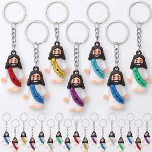 12 Pcs Jesus Figurine Christian Keychain Jesus Doll Religious Keychain Bulk Classic Christian Rings for Christ Multicolor White Jesus Loves You Decor Ornaments