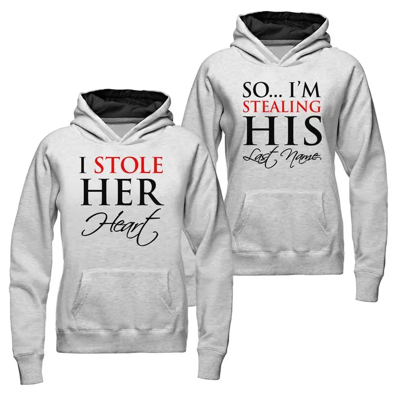 Matching Couple Hoodies - "I Stole Her Heart & I’m Stealing His Last Name" Graphic Prints, Fashionable Breathable Unisex Cotton Pullover Apparel, Trendy Fall Streetwear Romantic Gift for Lovers