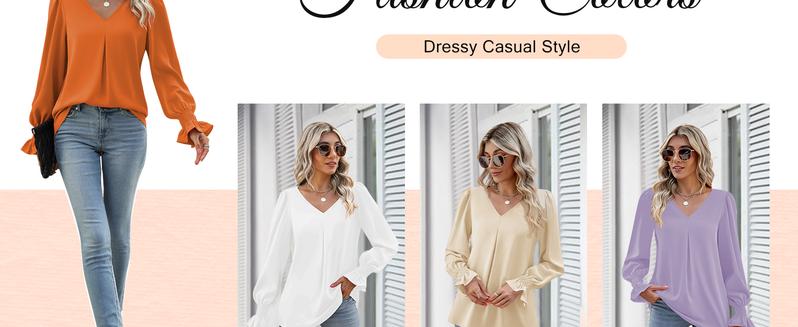 Women's Long Sleeve Chiffon Blouse V Neck Loose Fit Dressy Casual Top for Office & All Occasions Boho Style Shirt Vneck #Springfresh