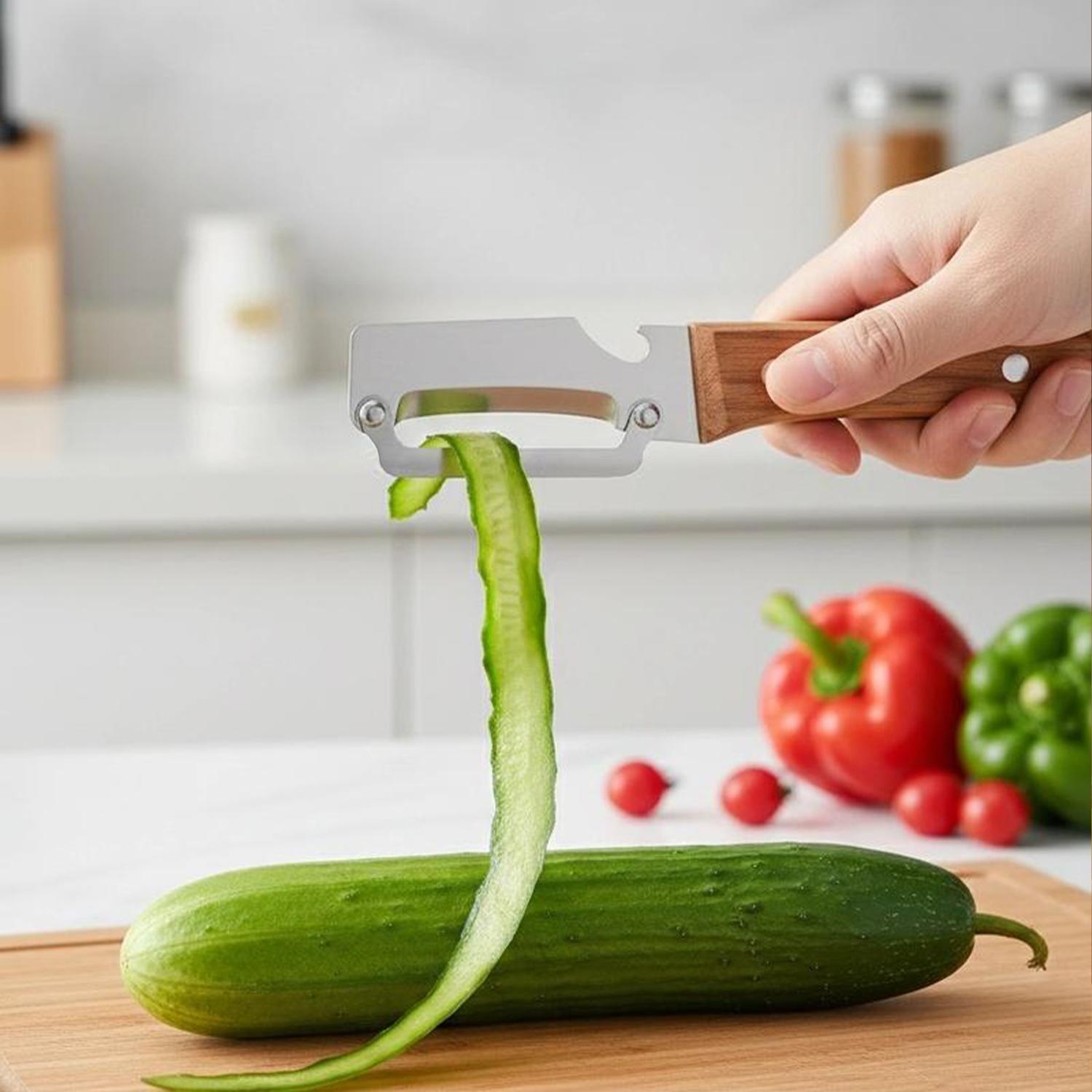 Premium-Grade Fruit & Vegetable Peeler | Sharp Stainless Steel Blade, Ergonomic Wooden Handle + Built-in Bottle Opener – Ideal for Daily Kitchen Use (Potatoes, Apples, Pumpkins & More)