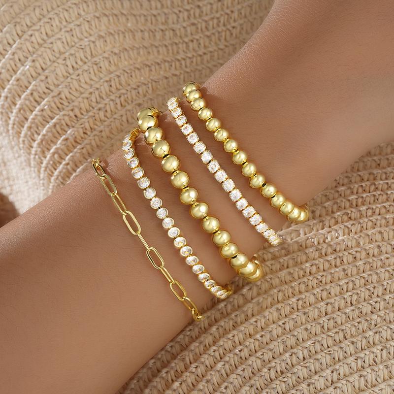 17KM 5PCS 16K Gold Plated Women's Bracelet Set with Sparkling Zircons Trendy Stackable Beaded & Chain Bracelets Non-Tarnish Jewelry for Gifts 17KM 5PCS 16K Gold Plated Women's Bracelet Set with Sparkling Zircons Trendy Stackable Beaded & Chain Bracelets Non-Tarnish Jewelry for Gifts