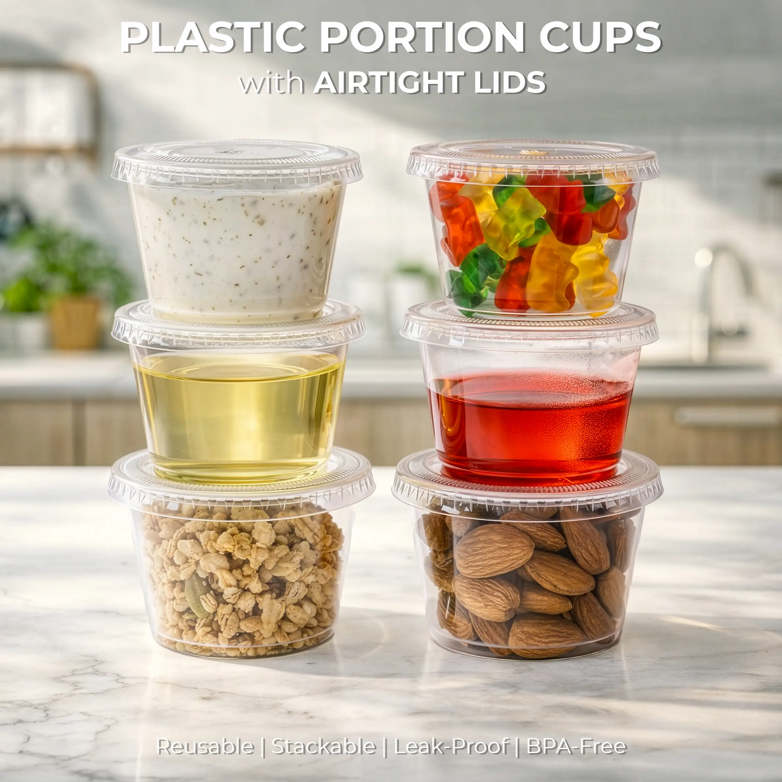 FRESHWARE 1 oz Round Plastic Portion Cups with Lids - 100 Pcs, Leakproof Eco-Friendly Disposable Kitchen Containers, Heat Resistant for Sauces, Housewarming, New Years Eve, Graduation, Home & Business Use