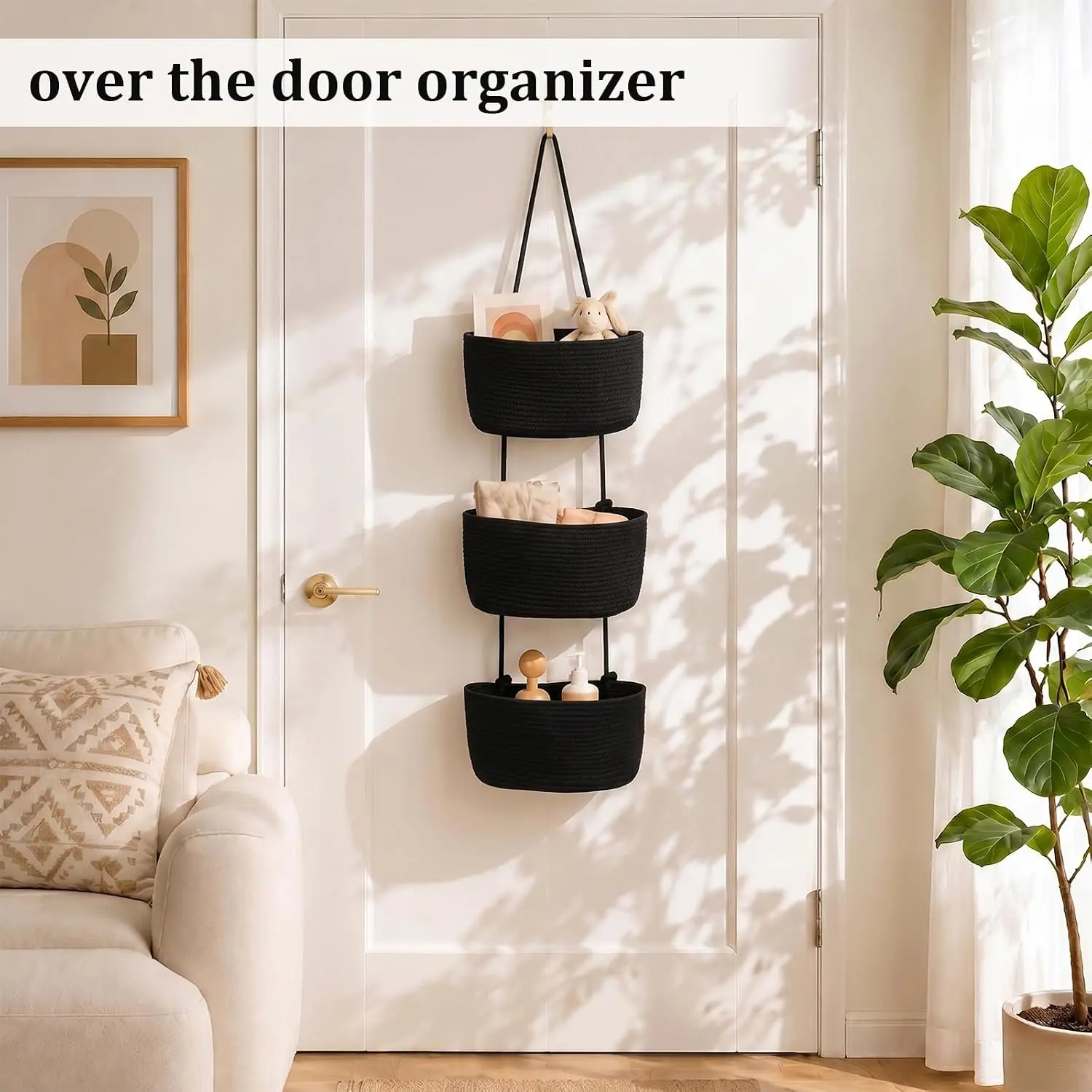 14in 3-Tier Woven Cotton Over-The-Door Hanging Basket Organizer with Handles, Multifunctional Storage for Bathroom Beauty Essentials, Closet Organization, Home Decor