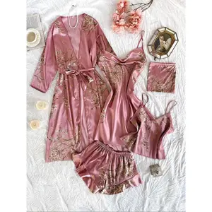 Women'sPlantsPrintSatinPyjama,LongSleeveBeltedRobe&CowlNeckCamiNightDress&BacklessCamiTop&ElasticWaistShorts&StorageBagSet,PajamaSets,GlamLoungeWear,Loungewear,Pjs