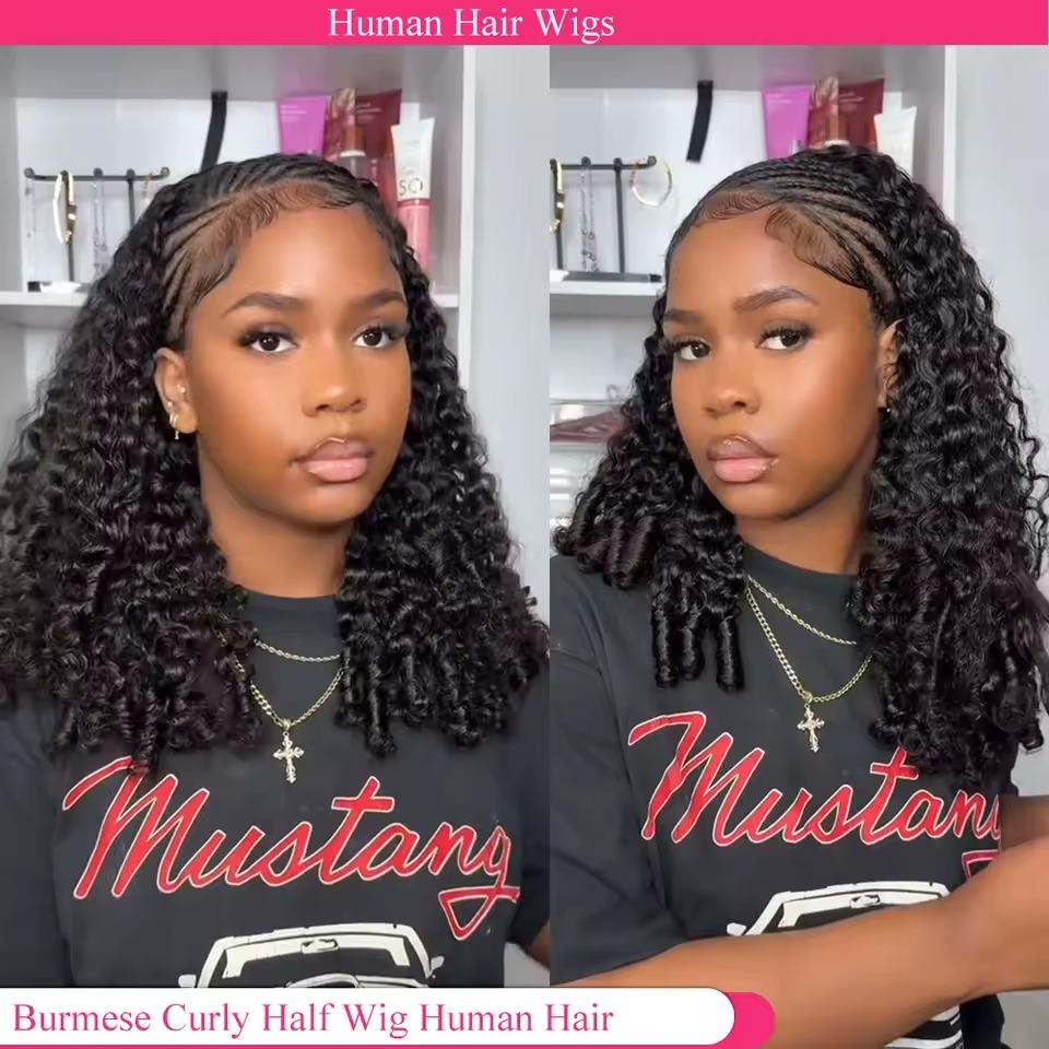 Half Wig Human Hair Burmese Curly Glueless Wig Human Hair Ready to Wear Kinky Curly 3 IN 1 Half Wig With Drawstring 180% Curly Half Wig