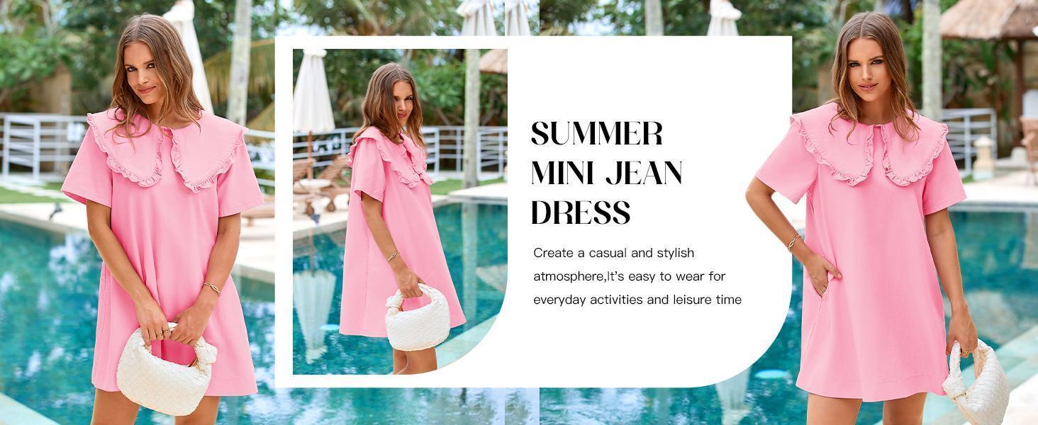 Imily Bela Womens Summer Denim Mini Dress Oversized Peter Pan Collar Short Sleeve Casual Flowy Babydoll Jean Dresses
