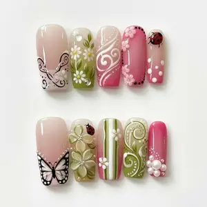 Spring Garden Press On Nails | 3D Butterfly Ladybug Daisy | Pink Green Swirl Pearl | Nature Floral Long Square Fake Nails Gift