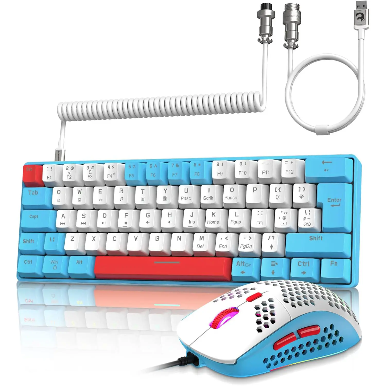 ZIYOU LANG T60 Wired Rainbow Backlit Mechanical Keyboard and Mouse Combo - 62-Key Compact Portable Mini Keyboard, 6400 DPI RGB Honeycomb Mouse, Blue Mixed/Red Switch, Durable Coiled Aviator C Cable, Fully Customizable Brightness, for PC Gamers