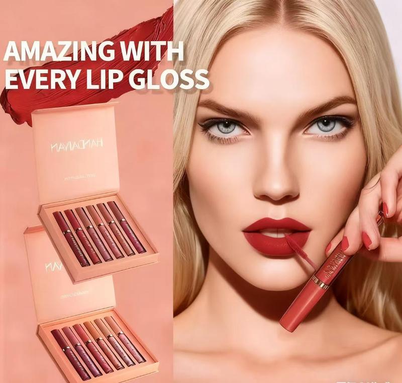 HANDAIYAN 6 Counts Waterproof Long-Lasting Matte Liquid Lipstick Set High Pigmented Nude Non-Stick Cup Lip Gloss Kit for Girls Women Make Up Gift Set Makeup Pearl