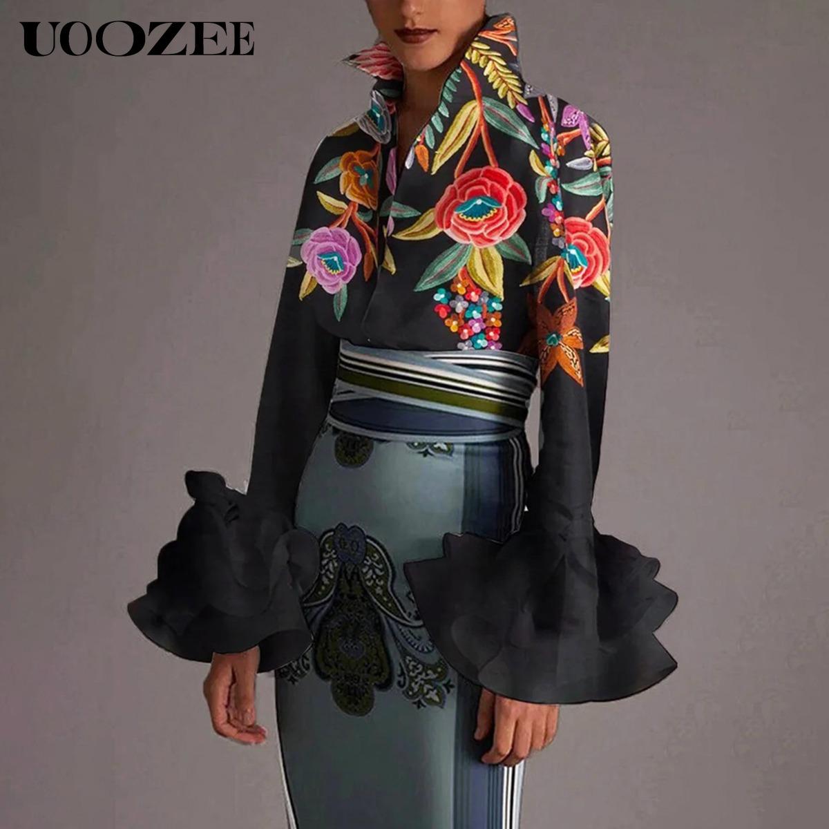 Flared Sleeves Bow-Embellished Falbala Solid Color Lapel Blouses&Shirts Tops Womenswear Casual Elegant Basic Outfit