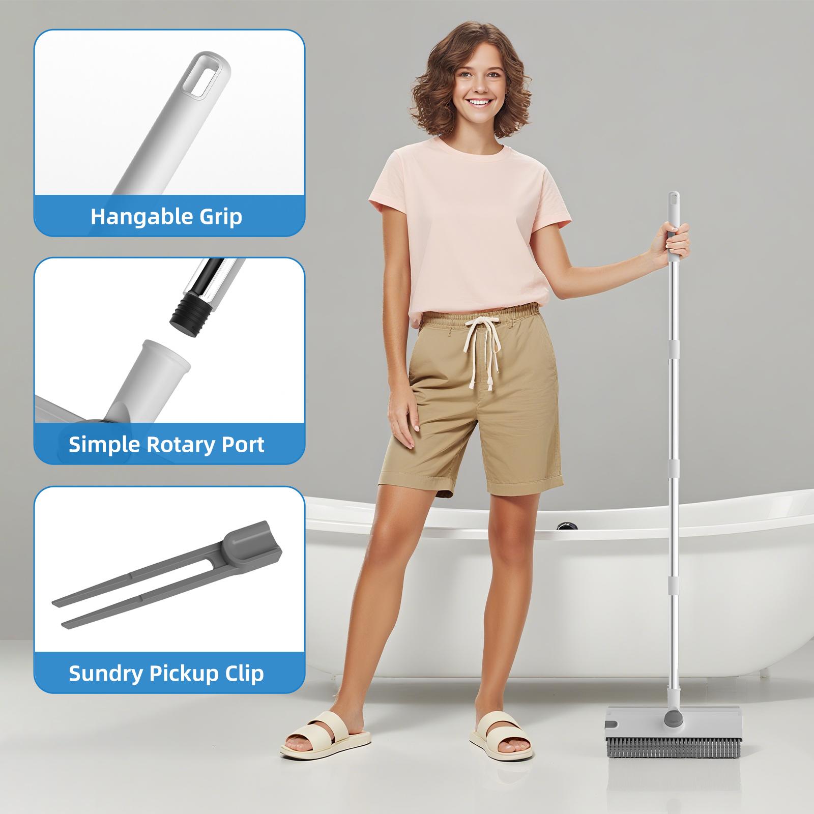 Glumzrk Scrub Brush with Long Handle, Floor Scrub Brush Squeegee Broom for Cleaning, 3 in 1 Shower Scrubber Floor Broom Squeegee for Concrete Tile Wall Deck Patio Grey White