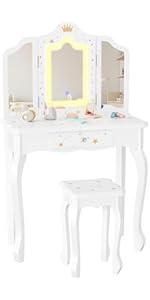 JOYMOR Kids Vanity Set with Mirror, 2-in-1 Design, Toddler Vanity w/a Drawer, Storage Box, 7 pcs Make up Accessories, Pretend Play Kids Vanity Table and Chair Set (White)